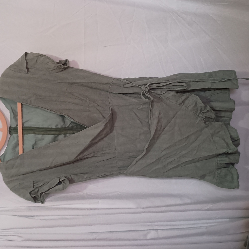 Sage Green Faux Wrap Dress Back Zipper M